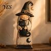 Solid Wood Halloween Crafts Vintage Wooden Witch Figurine, Statues with Ornaments Broom Pumpkin Black Cat, Fall Farmhouse Tabletop Decorations