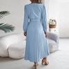 Dámské módní retro jednobarevné elegantní výstřih do V s dlouhým rukávem a zavazováním v pase