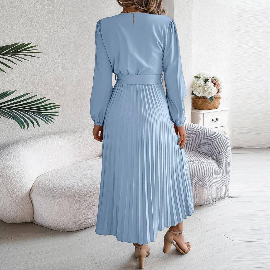 Dámské módní retro jednobarevné elegantní výstřih do V s dlouhým rukávem a zavazováním v pase
