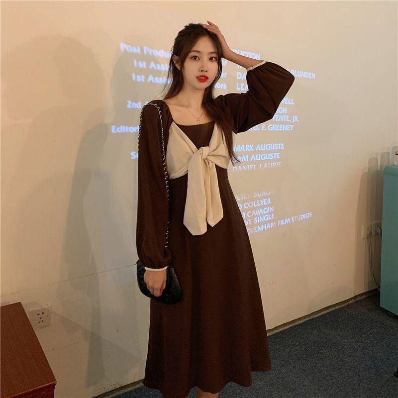 

Весенне-осеннее женское платье, большое тонкое, длинное платье свободного дизайна, французское платье Kikyo с квадратным вырезом 4XL коричневый