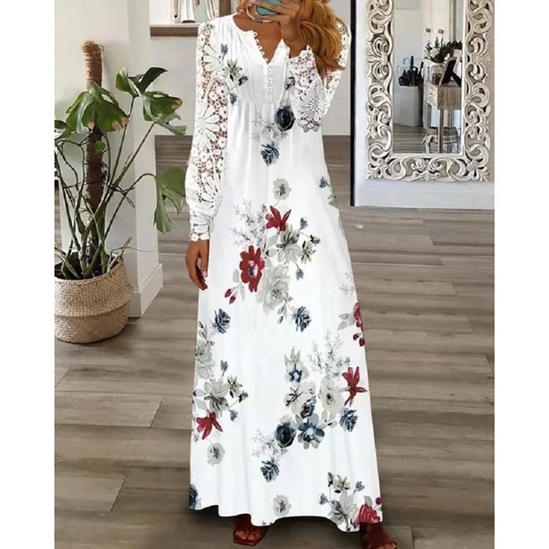 Spring and Summer Casual Women Plus Size Dresses Fashion Printed Lace Long Sleeve Loose Dress Woman Elegant Vintage Vacation Beach Long Dress 26518