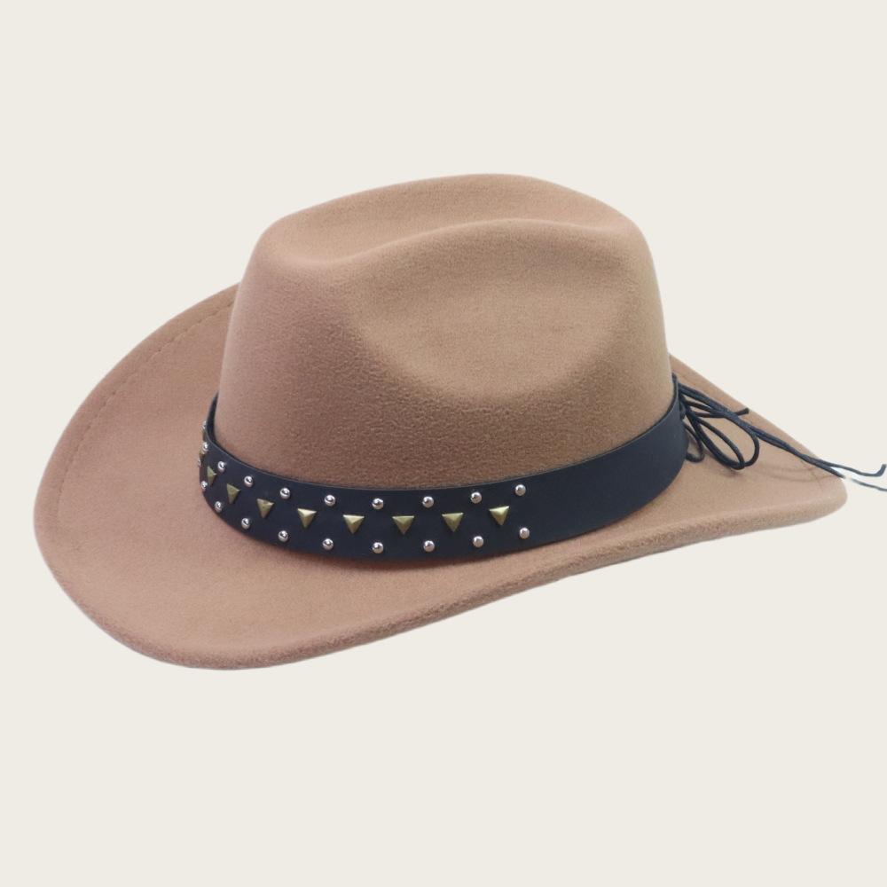 Stylish Leather Rivet Belt Design Felt Cowgirl Hat Women Men Wide Brim Jazz Cap Western Caps for Daily Life & Party
