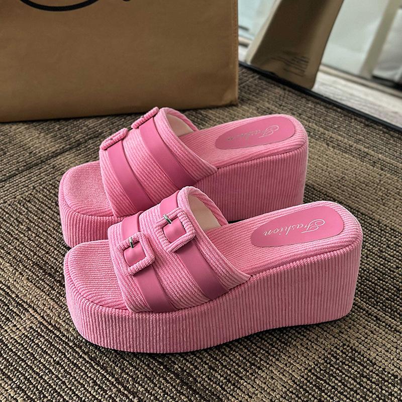 

Women Slipper Pink Square Head Platform Slippers Corduroy Open-toe Women Sandal Designer Shoes Fad Wedge Sandals Sandalias Mujer 35 розовый