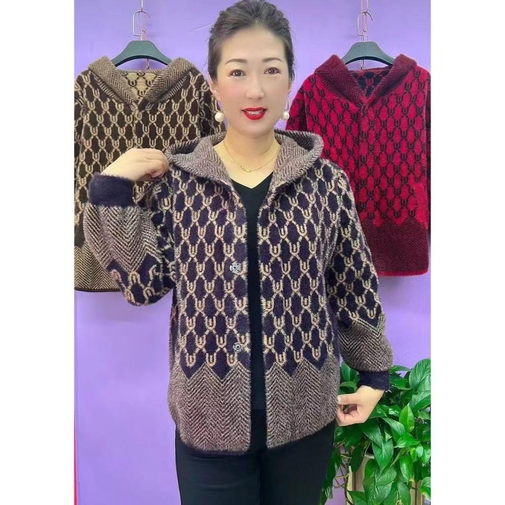 Imitation Mink VelvetShort Woolen Coat Fall Winter Middle Aged Women Knitted Cardigan Sweater Zipper Coats