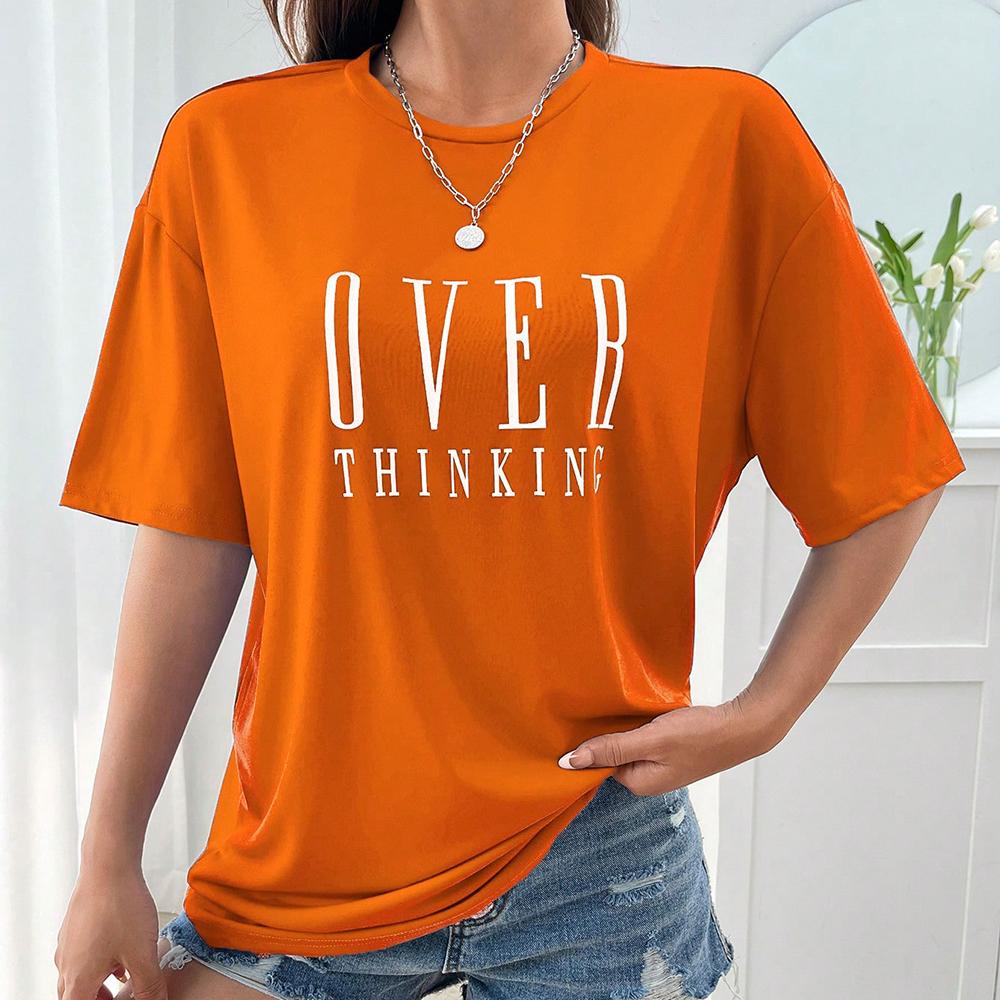 Plus Over Thinking Letter Print Women Cotton Short Sleeve Breathable O-Neck Tops All-math Casual T-Shirts Female Tee Clothing