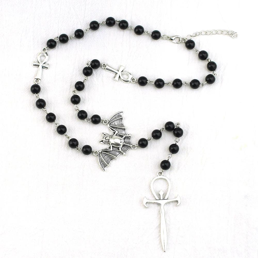Gothic Bat Cross Rosary Necklace for Women Fashion Mystery Witch Jewelry Accessories Gift Silver Color Bat Charm Vampire Choker