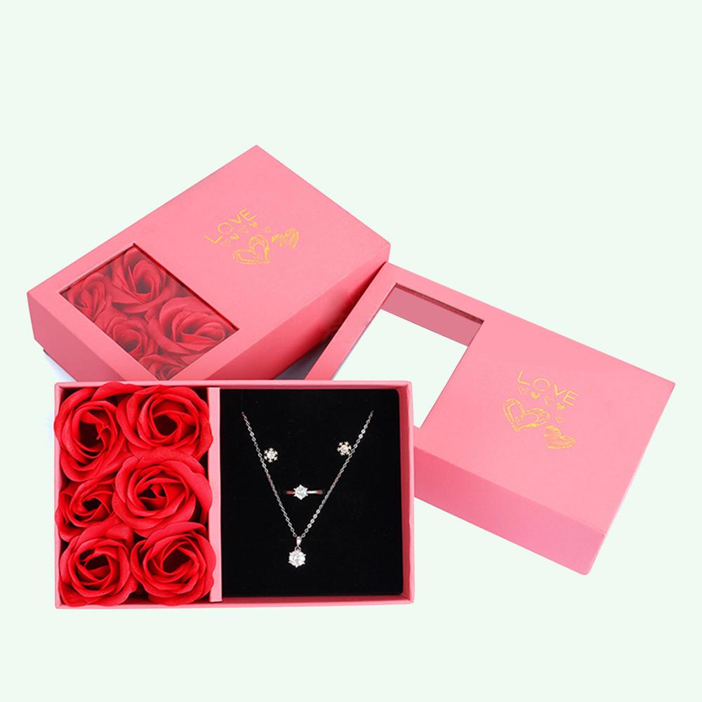 

Valentine s Day Rose Gift Box Eternal Flower Jewelry Set - Ring Pendant Earrings Necklace - 6-Piece Jewelry St Packaging Box розовый