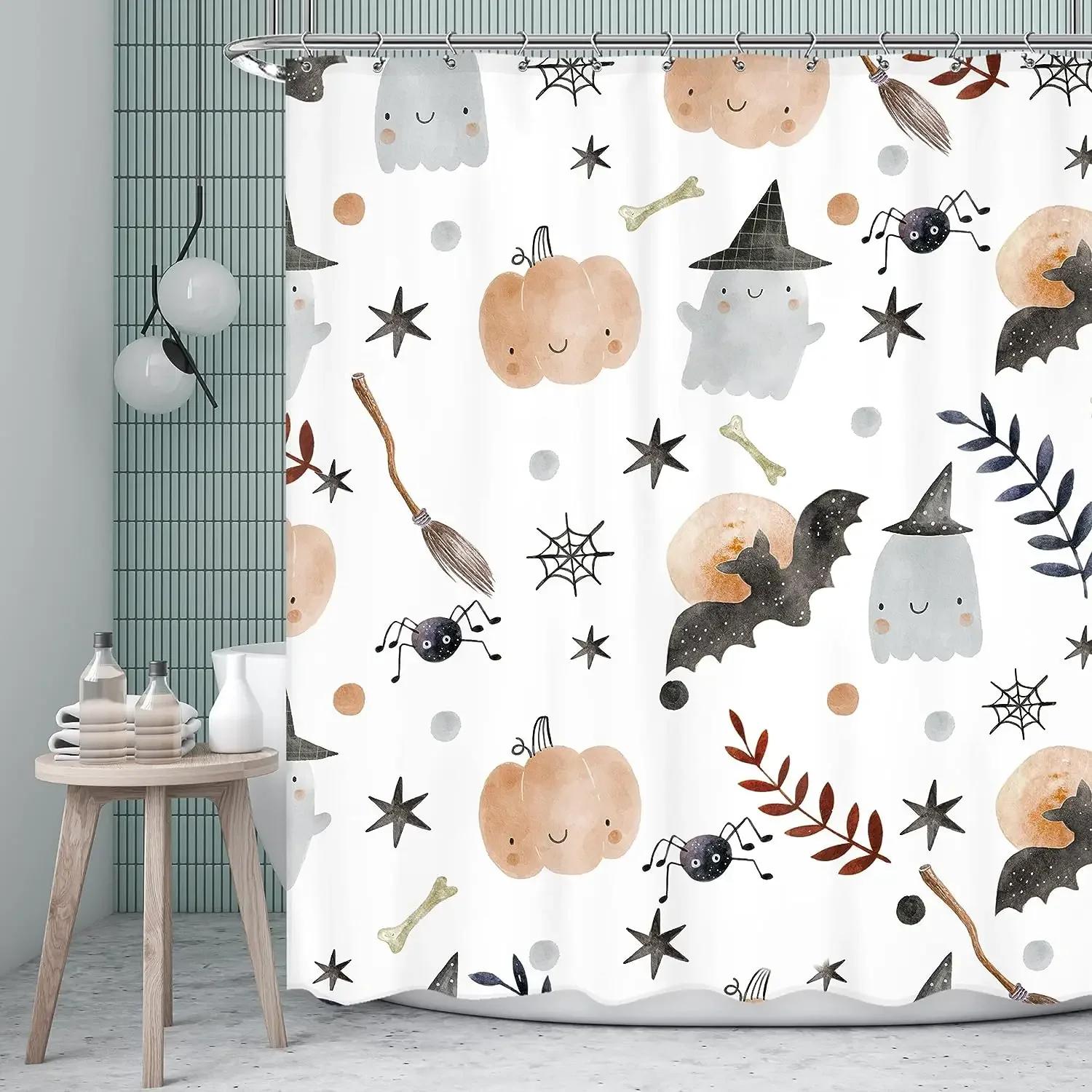 Skull Halloween Shower Curtain Scary Skull Flower Ghost Pumpkin Happy Bathroom Decoration Retro Shower Curtain W120xH180cm