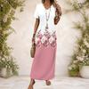 Women Plus Size V Neck Short Sleeve Black White Printed Straight Maxi Dress