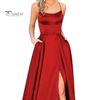 Abendkleid Spaghettiträger Hoher Schlitz Schulterfrei Rückenfrei Ärmellos Seitentaschen A-Linie Bodenlang Satin Reine Farbe Abschlussball Bankett Party Maxi