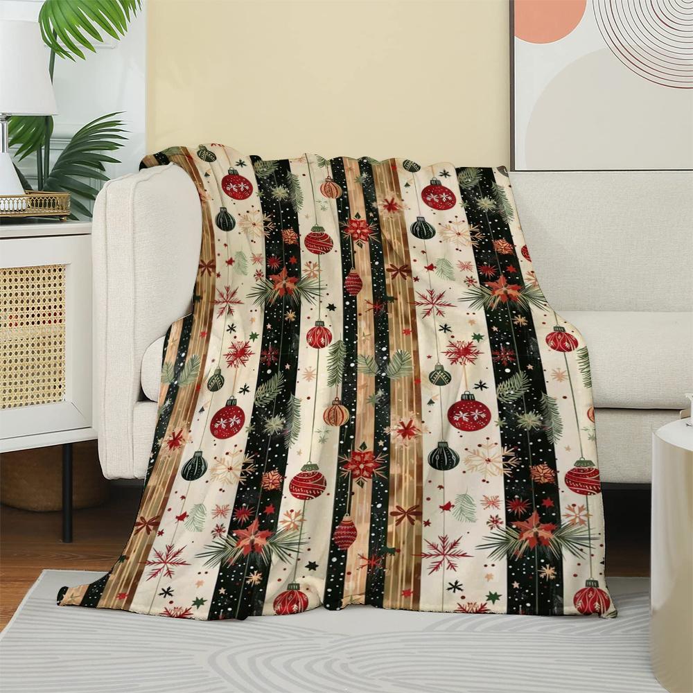 Kerst Ornament Gestreepte Fleece Deken, Retro Kerstbal Sneeuwvlok Poinsettia Bedrukte Worpdeken, Zacht Knus Feestelijk Huiscadeau