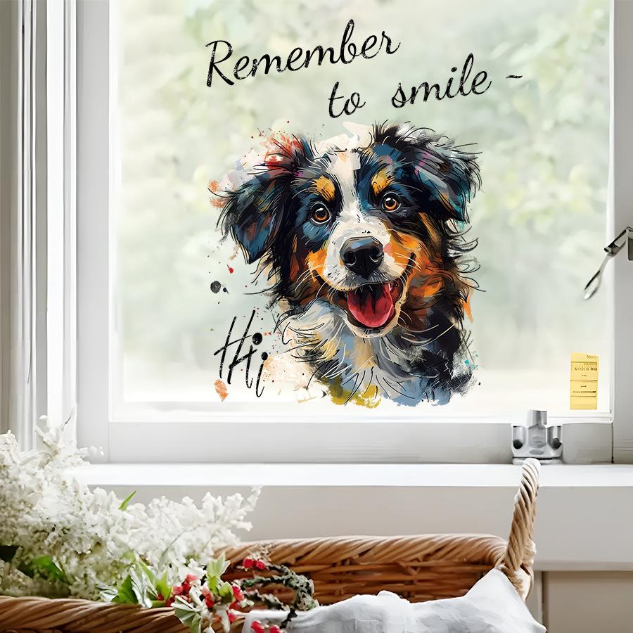 Roztomilý ovčácký pes Realistická kreslená oboustranně viditelná UV samolepka na okno, Samolepicí skleněné dekorace pro domácí dekoraci