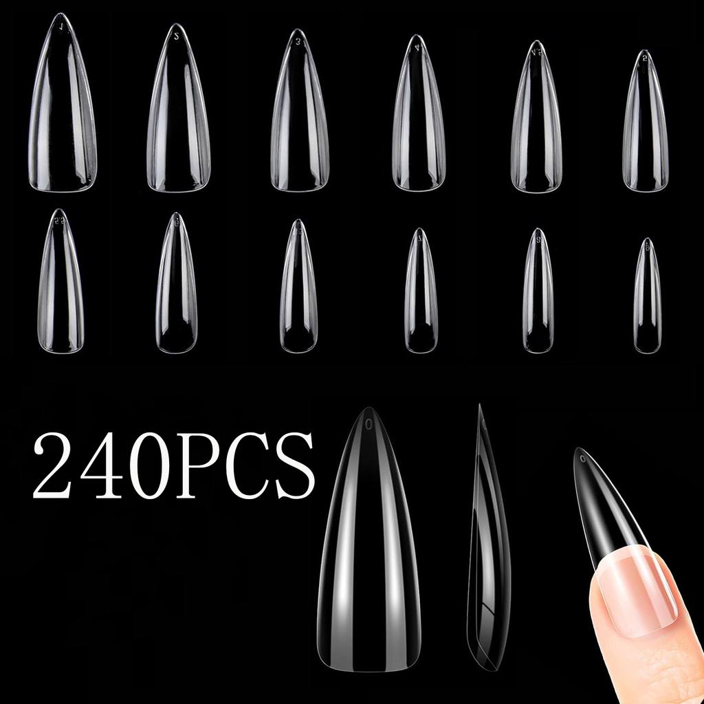 120/240Pcs XL Stiletto Gel X Nail Tips Clear Fake Nails Extra Long Stiletto Nail Full Cover Artificial Fingernail Extension Tool