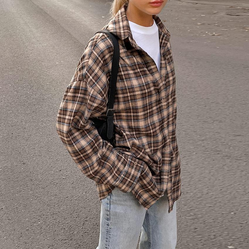 Brune Rutete Bluser Dame Streetwear Langermet Løse Skjorter Casual Nedslått Krage Kontordame Rutete Topper