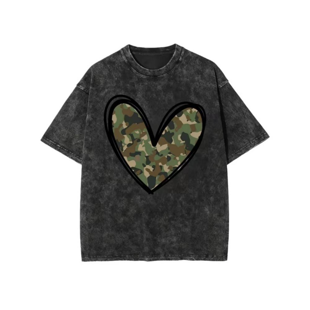 Leopard Print Heart Butterflies T-Shirt Vintage Washed Oversized Casual Crew Neck Short Sleeve for Summer Daily Wear