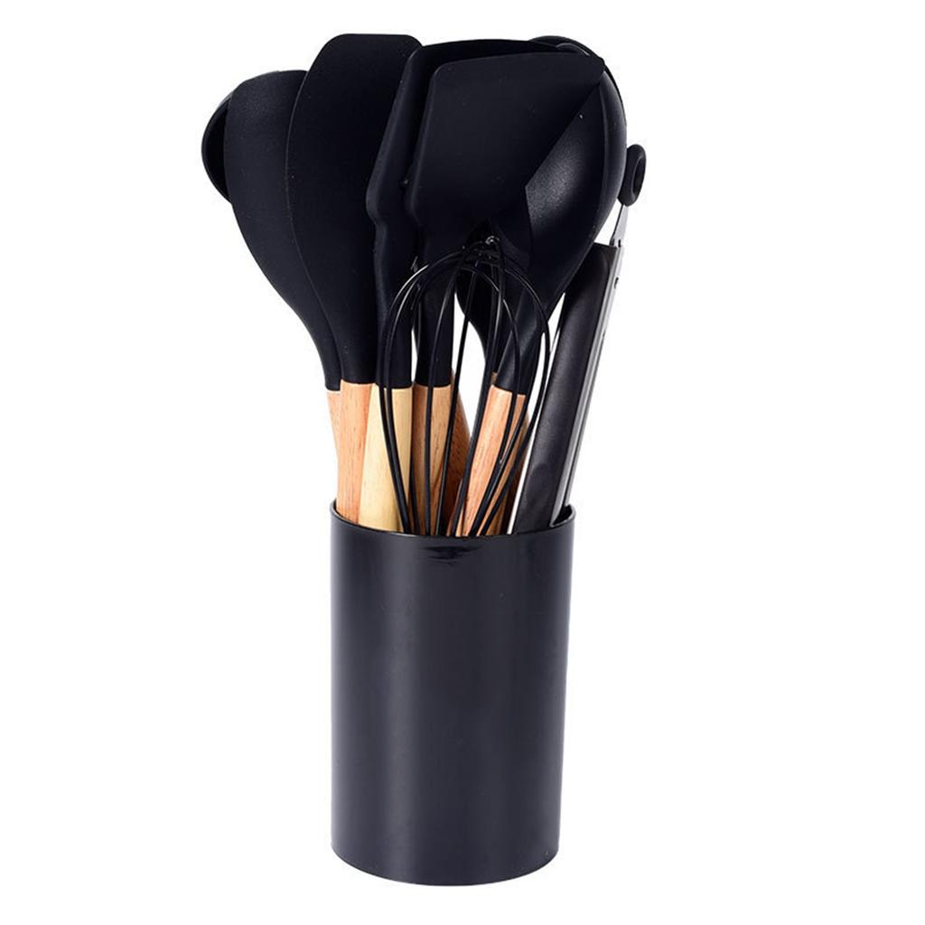 12pcs/Set Silicone Kitchen Utensils With Holder Wooden Handle Non Stick Pot Kitchenware Kit Heat Resistant Cookware Tools