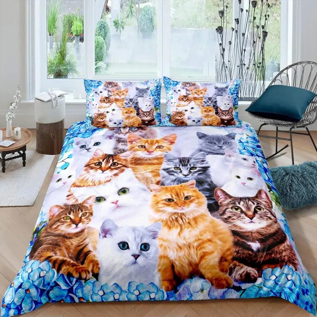 Cartoon Cat Duvet Cover Set Pet Cat Comforter Cover Cute Kitten Neon Light Bedding Set 3D Cat Lover's Bedspread Cover