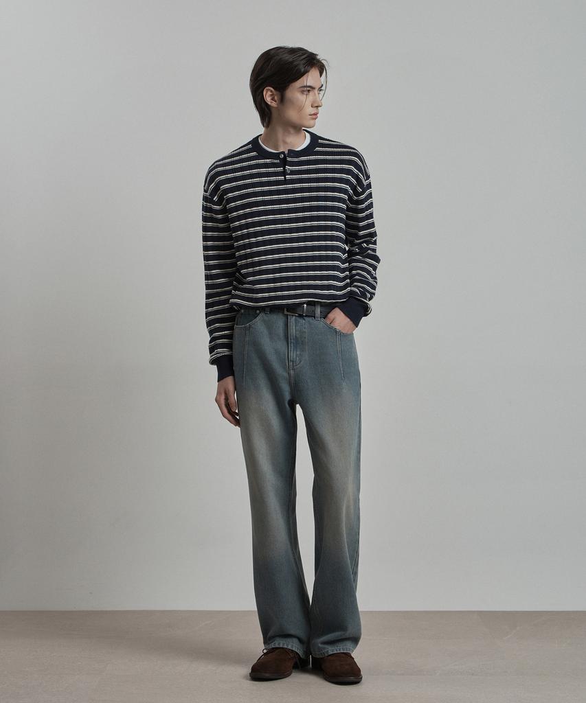 WORK ON BODY OFF Pano Semi-Overfit Striped Henley Neck Knit [Navy]