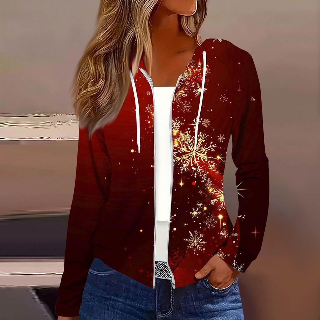 Dame Mote Juleprint Casual Glidelås Langermet Hettejakke