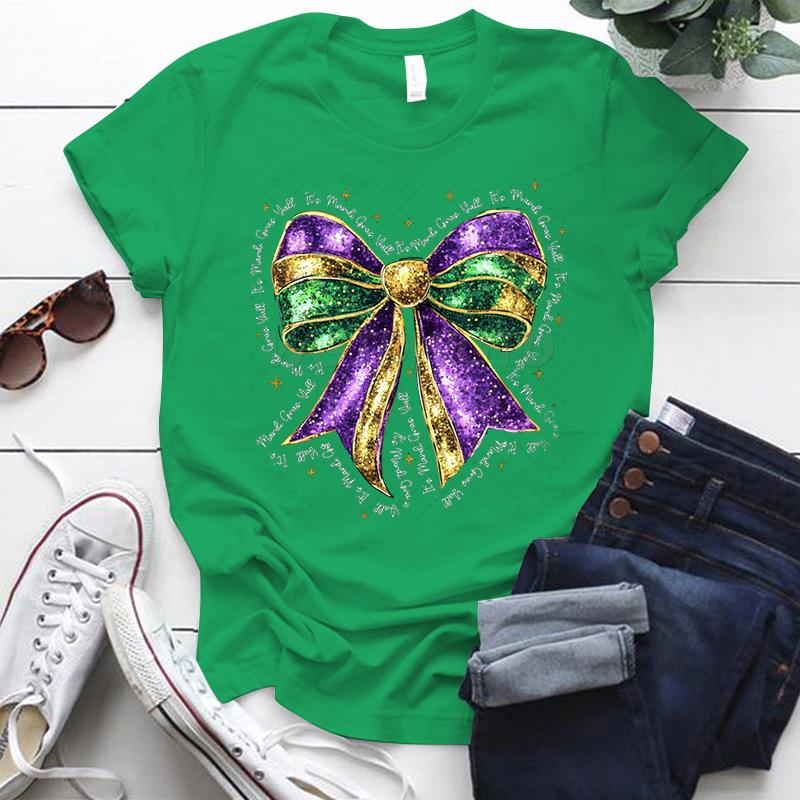 Coquette Bow Mardi Gras Shirt for Women Carnival Glitter Bow Graphic Tee Fat Tuesday Shirt Mardi Gras Party Crew Neck Clothing