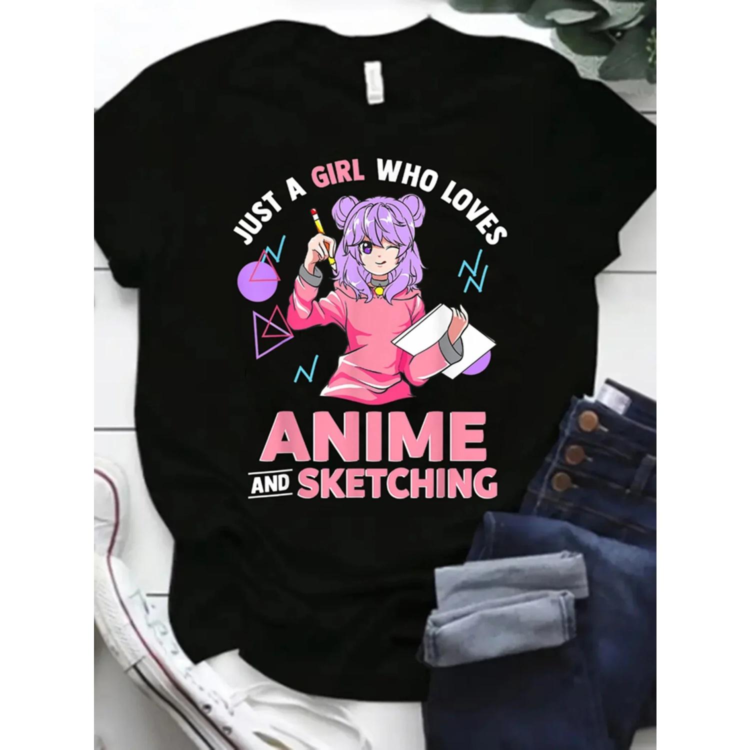 

T-Shirt for Spring & Summer Women s Clothing Anime Print Crew Neck T-Shirt Casual Short Sleeve S чёрный