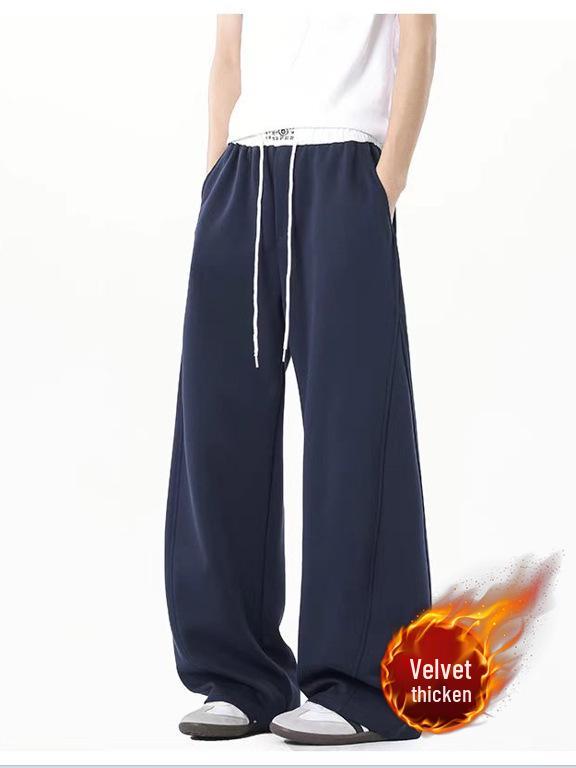 Men's Fleece-Lined Straight Leg Sweatpants - Solid Color, Loose Fit, Autumn/Winter Casual Style