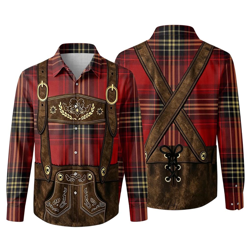 Men’s 3D Printed Plaid Long Sleeve Shirt with Vintage Pattern Relaxed Fit Button Down Collar for Festivals Parties and Outdoor Activities