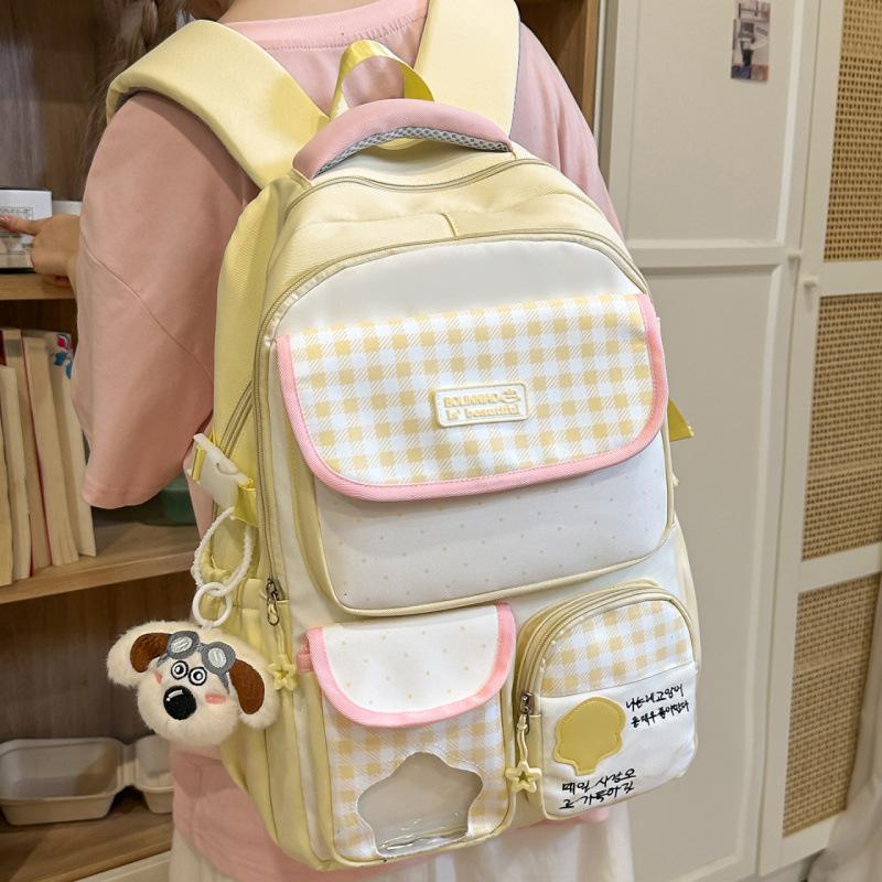 Schoolbag new plaid schoolbag female Japanese ins cute dopamine contrasting color backpack multi-compartment simple casual backpack