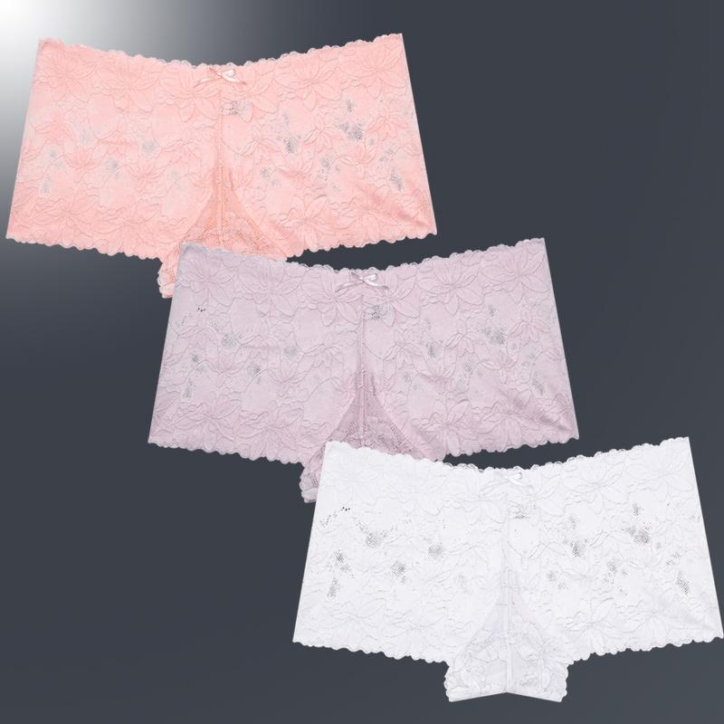 3ks/Sada Dámské Sexy Krajkové Kalhotky Průhledné Spodní Prádlo s Květinovými Listy V-Pas Boyshort pro Ženy Měkké Intimní Prádlo