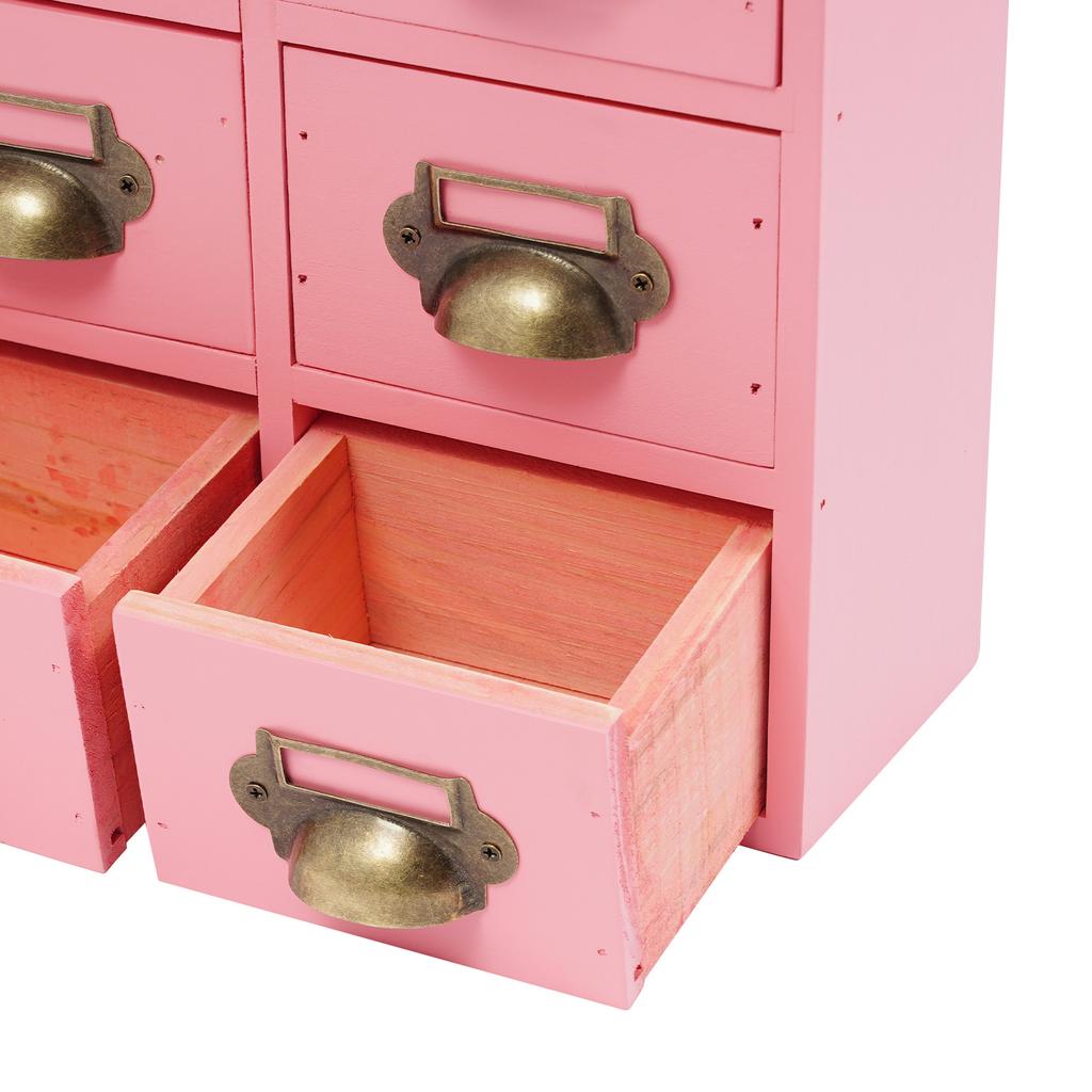 16-Compartment Drawer Storage Cabinet – Vintage Pink Solid Wood Desktop Organizer – 22 lbs Load Capacity
