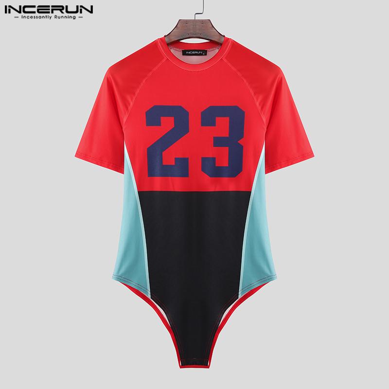 INCERUN Men's Short Sleeve Letter Print Fitted Leotard Jumpsuits Underwear One Piece Suit