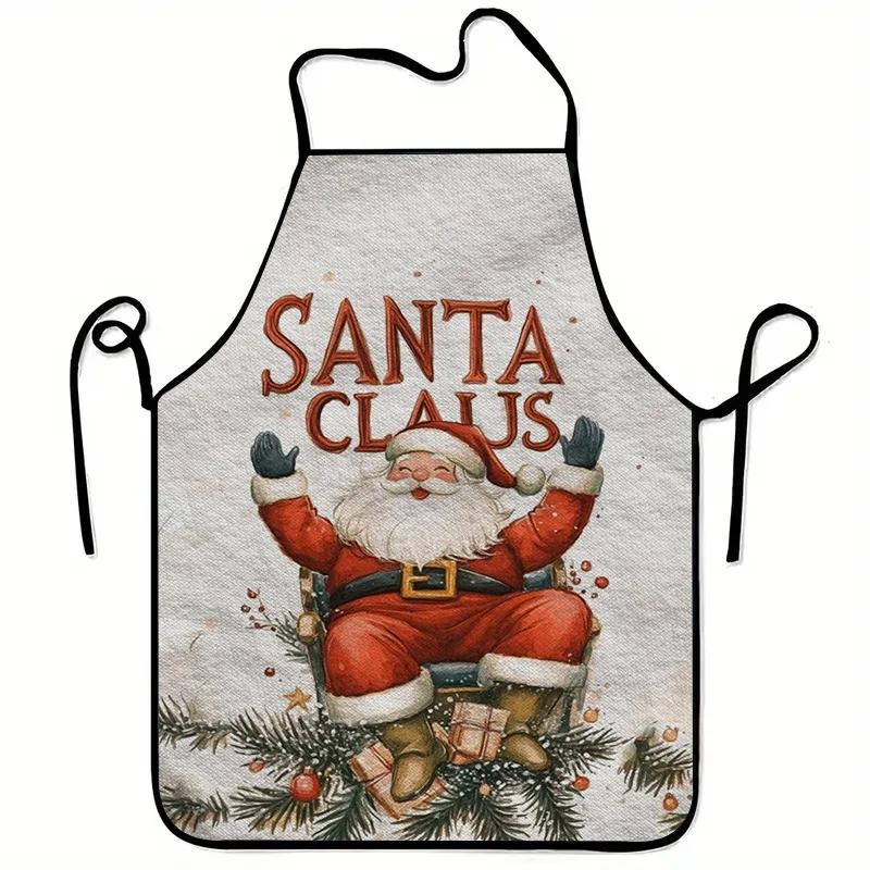 Santa Claus Apron Heavy-Duty Christmas Kitchen Apron with Santa's Sleigh Reindeer Print Durable Cooking Bib for Chef