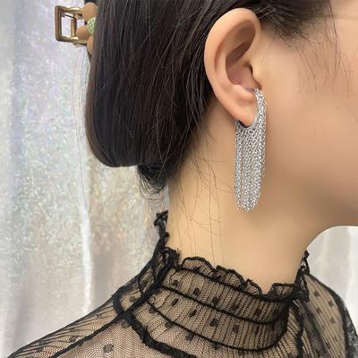 Long Tassel Ear Clip No Piercing Earrings for Women Cool Girl Unique Chain Earcuff Jewelry Party