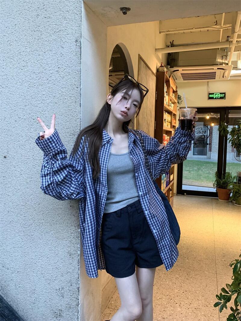 

Women s French Blue Plaid Loose Long Sleeve Shirt - Casual Autumn 2025 L (Recommended for 105-115 jin)