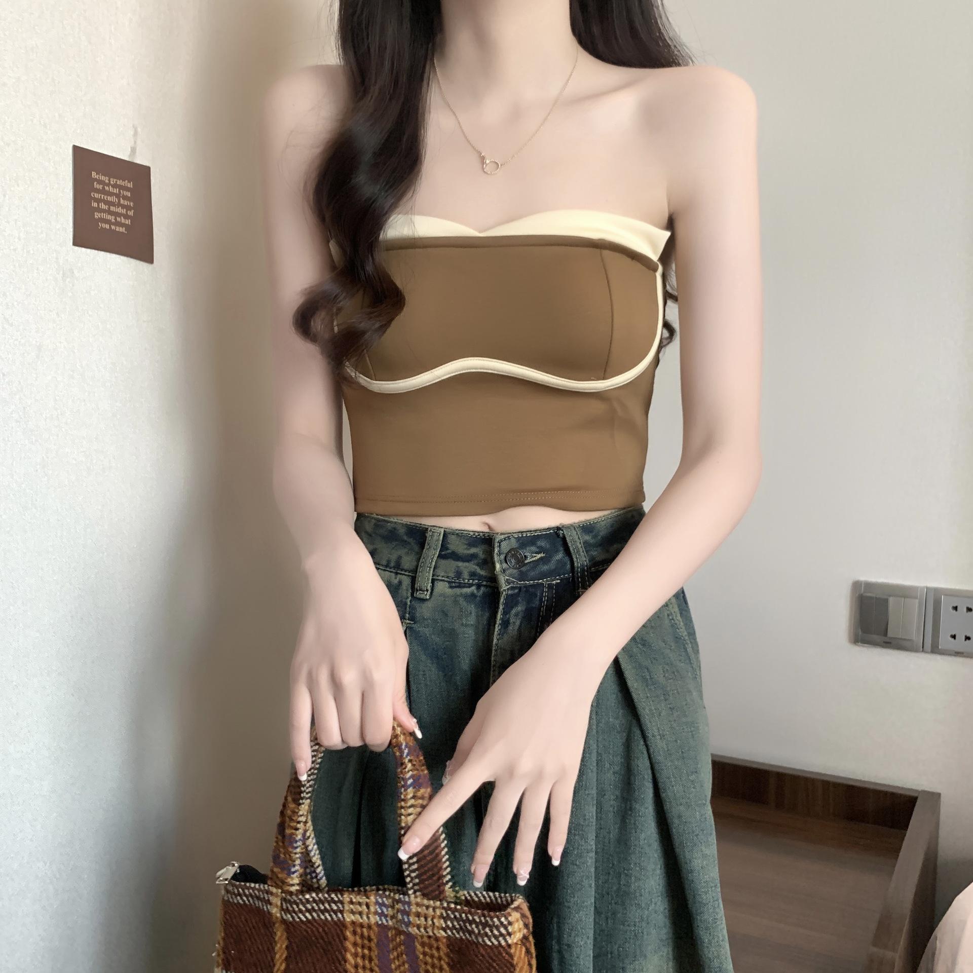 

New Spice Girl V-neck Dopamine Sexy Invisible Shoulder Strap Tube Top, Slim Fit and Thin, Advanced Sense of Pure Desire One size хакі