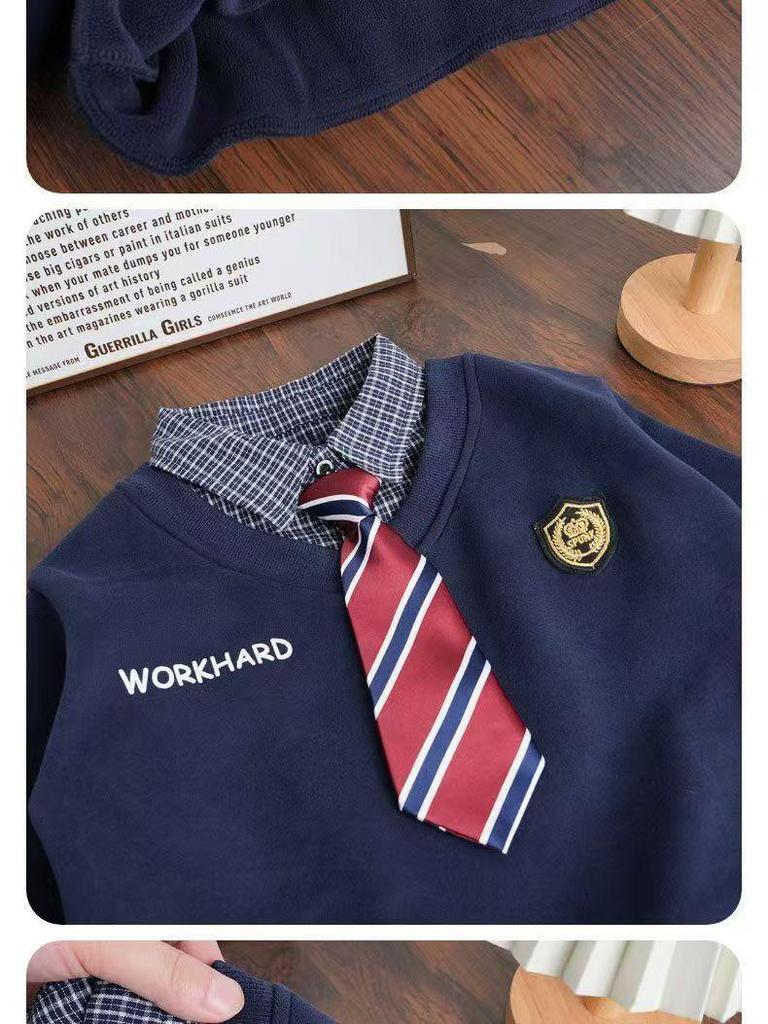 Boys' Autumn/Winter Long Sleeve Polo Hoodie with Tie and Velvety Inner Layer