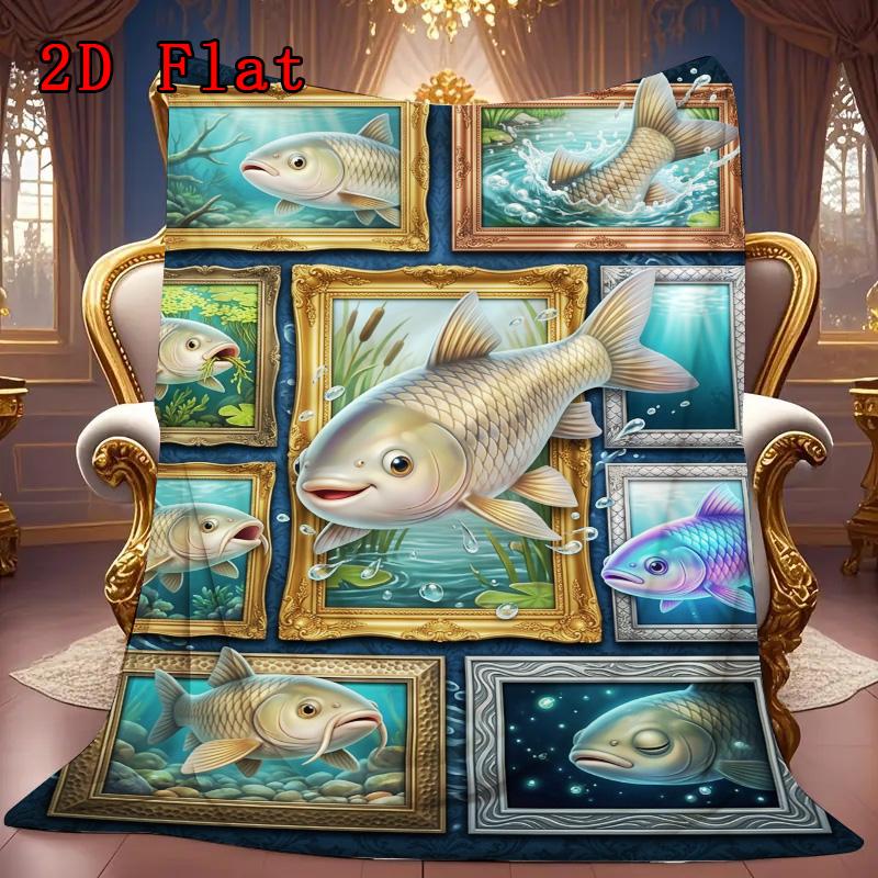 Fish Fantasia 2D Flat Pattern Flannel Blanket, High Quality All Seasons, Home Decor, Warmth and Comfort, Perfect for Christmas Gifts.