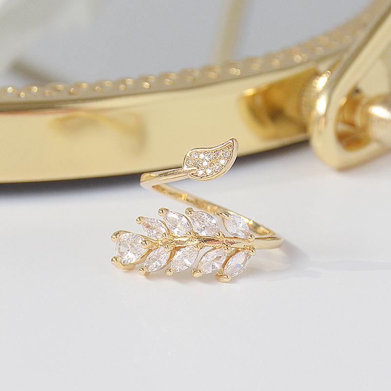 14K Real Gold Full CZ Leave Ring for Women Adjustable Open Design AAA Zircon Delicate Daily Jewelry Pendant