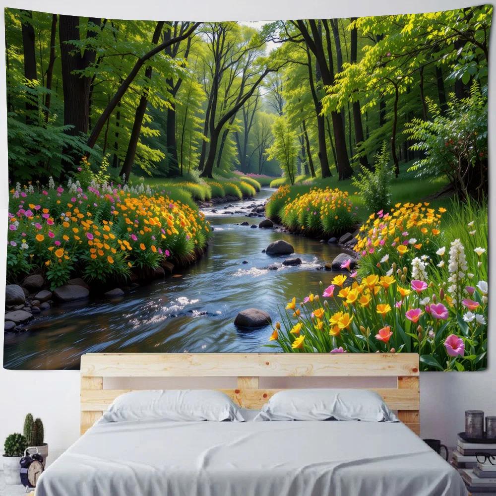Jungle Creek Waterfall Polyester Tapestry Wall Hanging Decor Natural Landscape Artwork for Bedroom Living Room Home