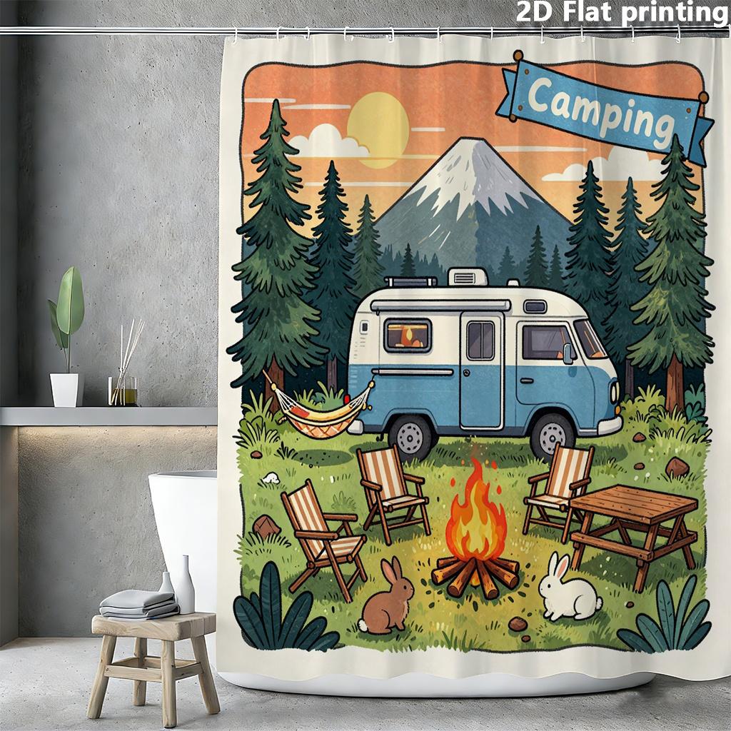 Happy Adults Toys Blue/White Camping Scene Shower Curtain 1Pc Polyester 2D Flat Print 70.8X70.8 Camper Van Forest Mountain Fire Illustration