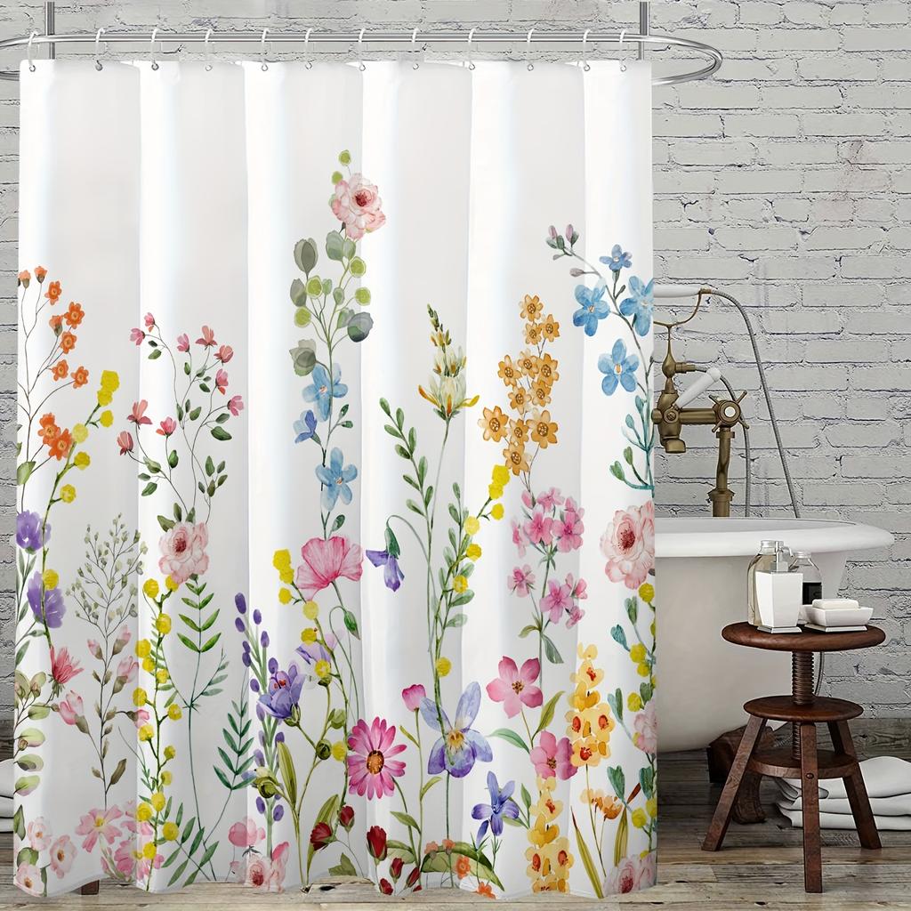 1Pc 180X180Cm Water-Resistant Floral Shower Curtain - Polyester, 12 Hooks, All-Season, Machine Washable, Flower Pattern