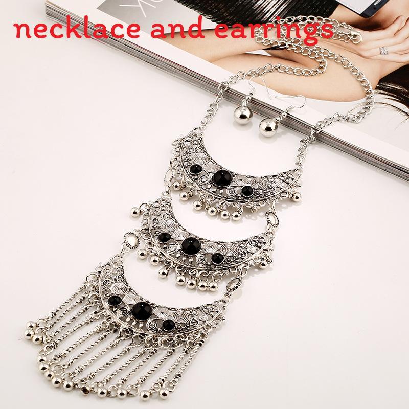 Ethnic Style Multi Layer Design Simulation Gemstone Decoration Women Necklace For Trendsetting Looks Silver Black