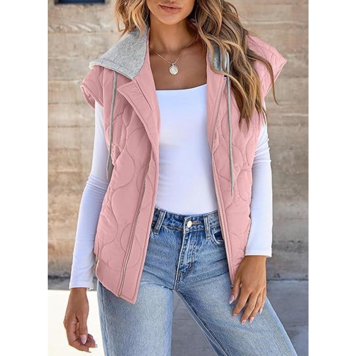 

2025 New Arrival Women s Color Block Sleeveless Jacket Autumn Casual Drawstring Hooded Vest Ladies Fashion Outerwear XL рожевий