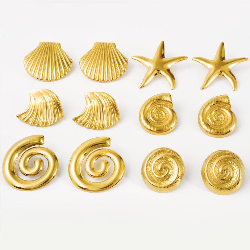 Real Gold Plated Ocean Animal Sea Star Conch Shell Metal Spiral Stainless Steel Ear Studs Earring For Women Men Jewelry Piercing