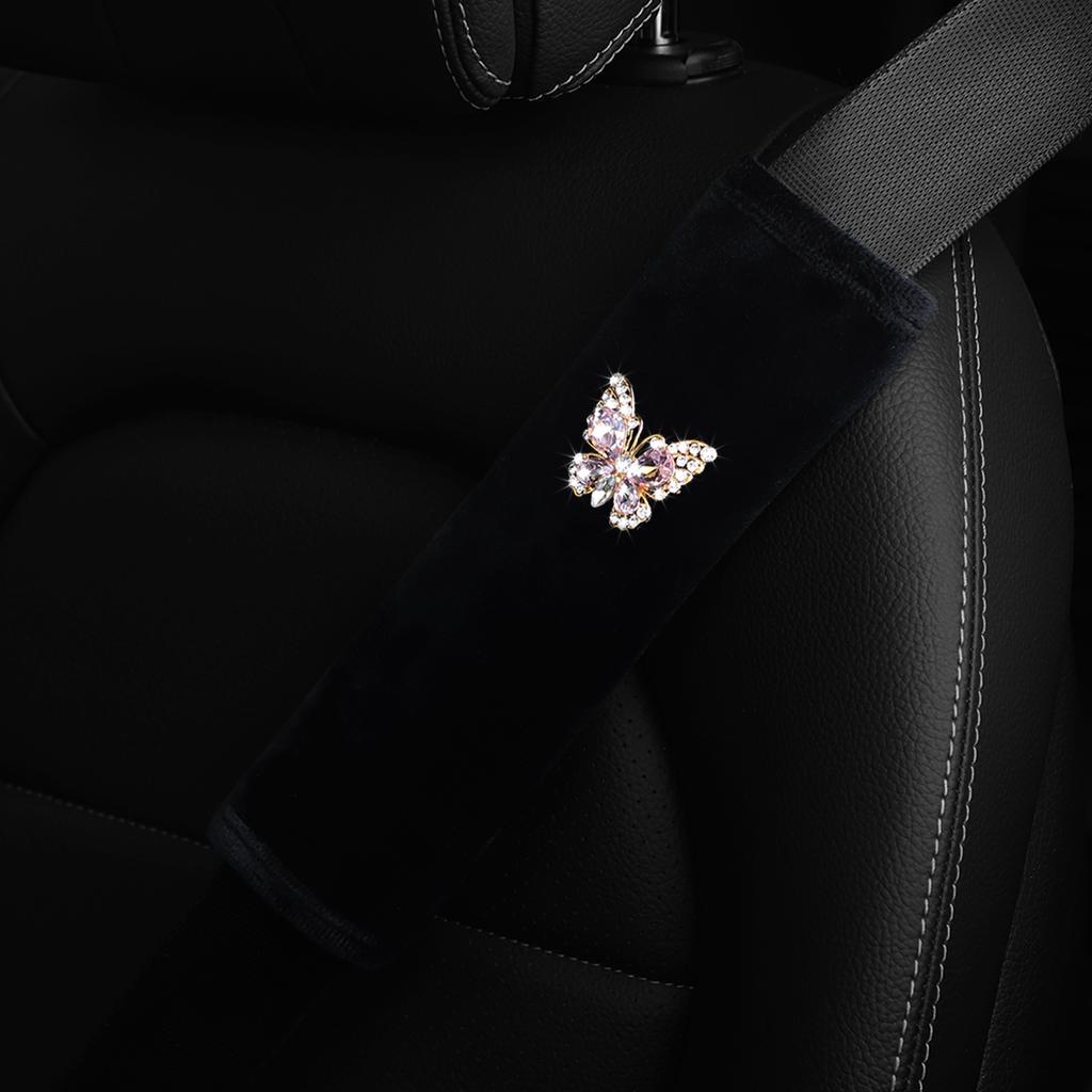 1 Butterfly Plush Set with Artificial Diamond Blingbling Soft Comfort Car Supplies Seat Belt Shoulder Cover Safety Belt