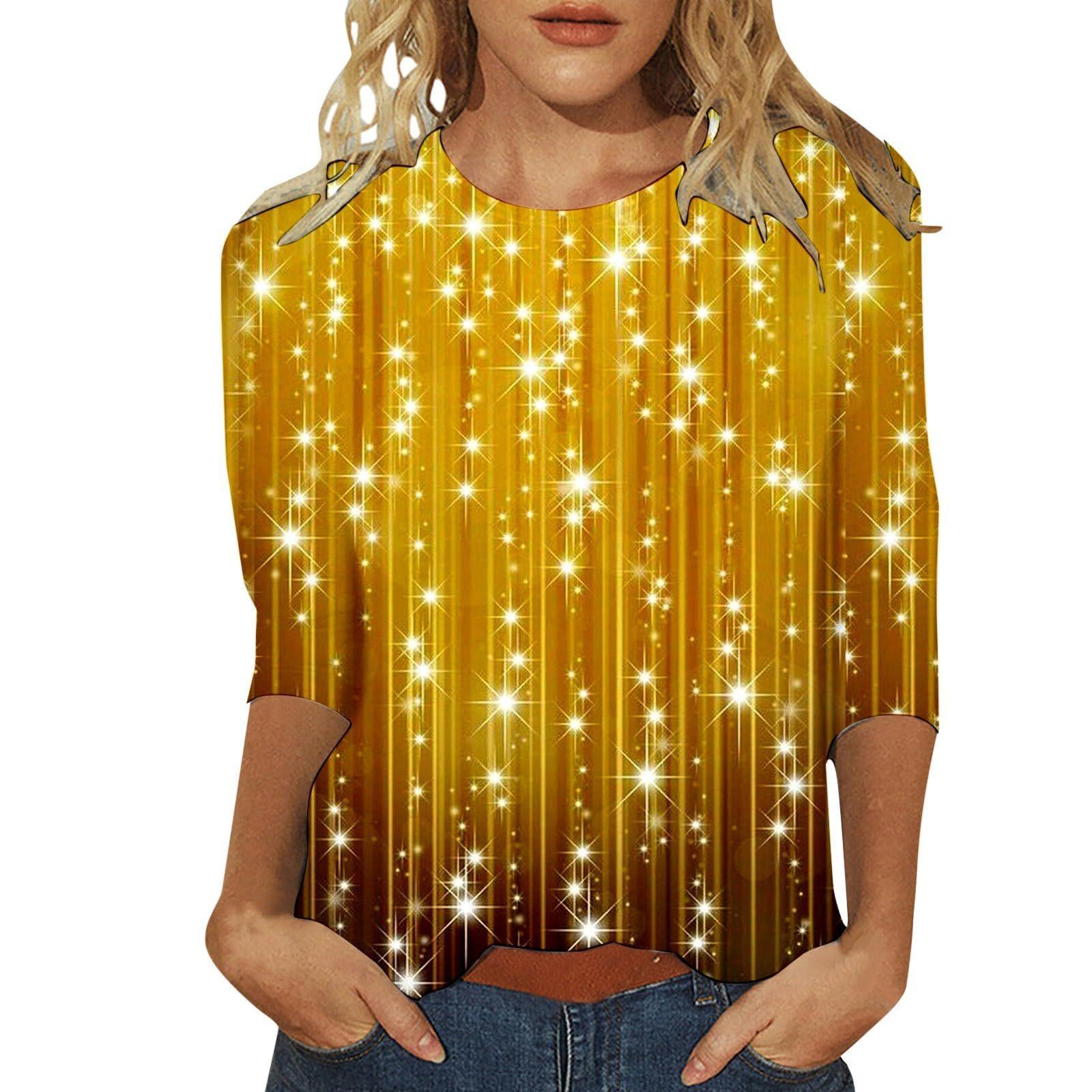 

Весенне-осенние женские футболки с круглым вырезом, с блестящим узором и 3D-принтом, модные повседневные с длинным рукавом XXL