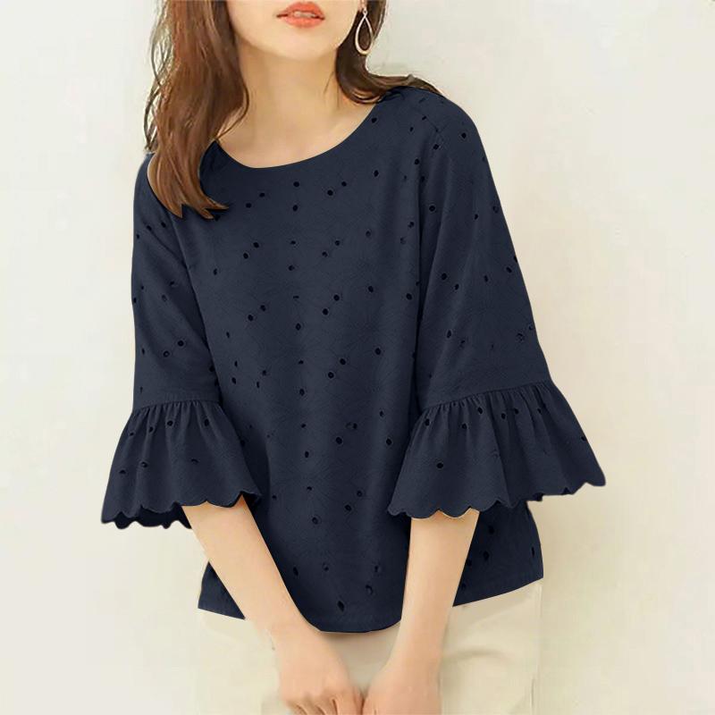 

ZANZEA Женская повседневная блузка с круглым вырезом и ажурным кружевом в стиле пэчворк с рукавом 3/4 5XL темно-синий