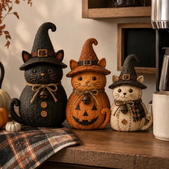 Halloween Table Decorations 3Pcs Witch Cat Dog Statues, Resin Rustic Farmhouse Small Harvest Figures Ornaments for Autumn Thanksgiving, Fireplace