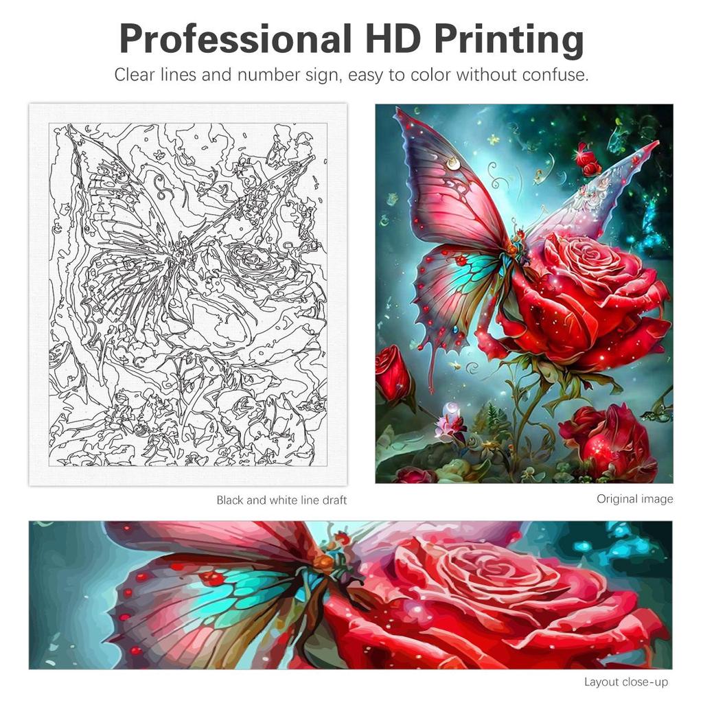 Frame Butterfly Painting By Numbers For Adults Kits Rose Flowers Picture Paint By Numbers Starter Kit For Home Wall Art 40x50cm