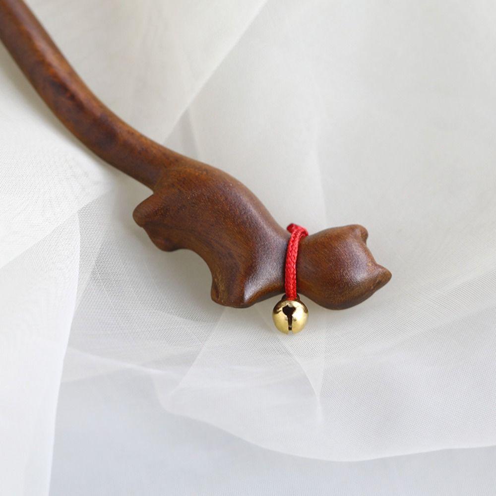 Wooden Cat Hair Stick Bell Cartoon Aniaml Hairpin Elegant Chinese Hanfu Style Hair Clip  Daily